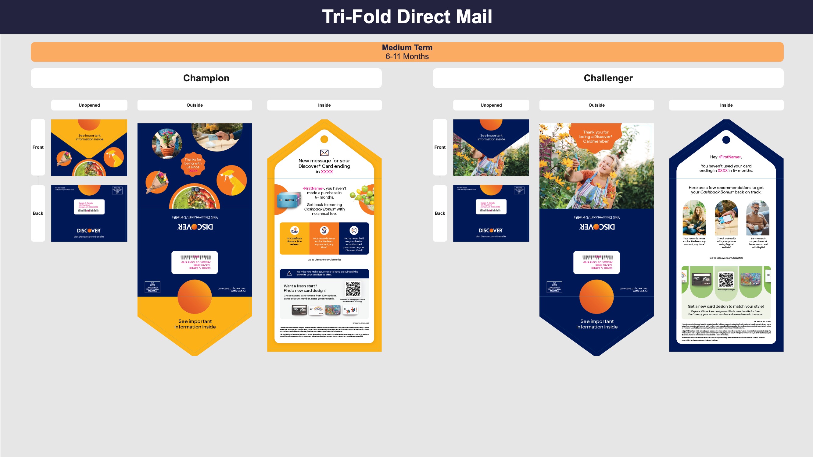 Printed tri-fold mailer designs for the medium-term inactive cardmembers (6-11 months), with two different designs-the champion with the original creative designs, and the challenger with a new refreshed design